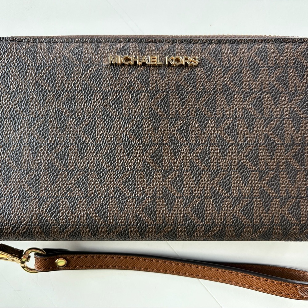 Michael Kors Brown Logo Print Wristlet with Gold Hardware